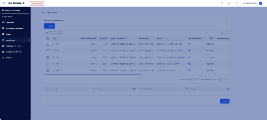 Menu Workspace Planejamento