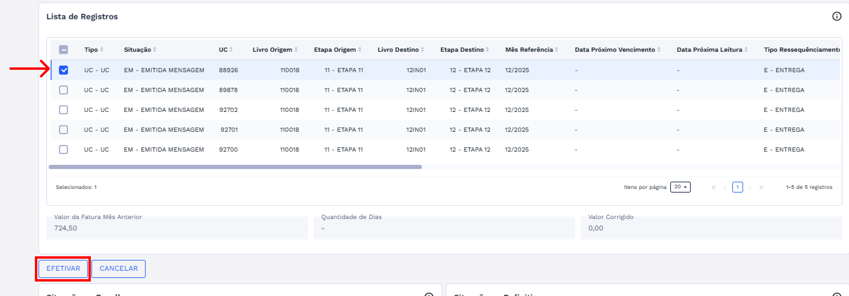 Botão Efetivar com registro selecionado Botão Efetivar com registro selecionado