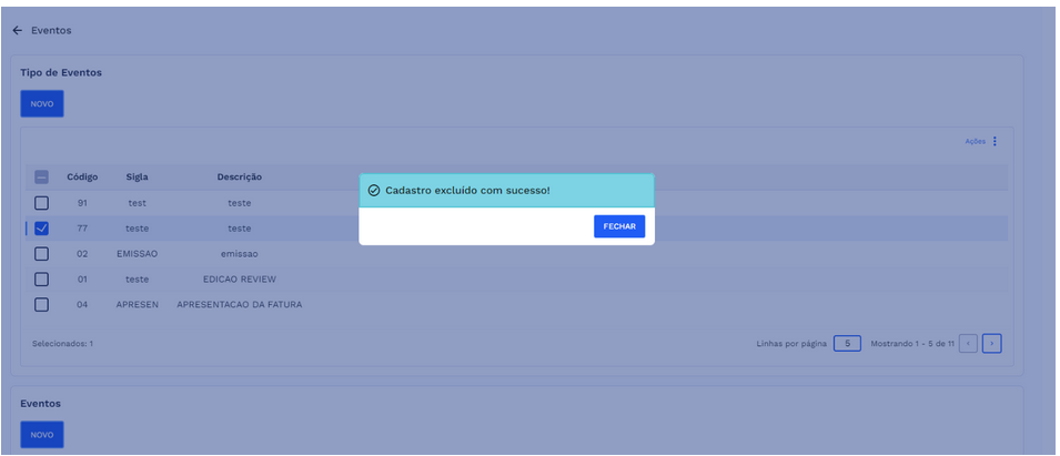 Caixa de diálogo - Cadastro excluído com sucesso!