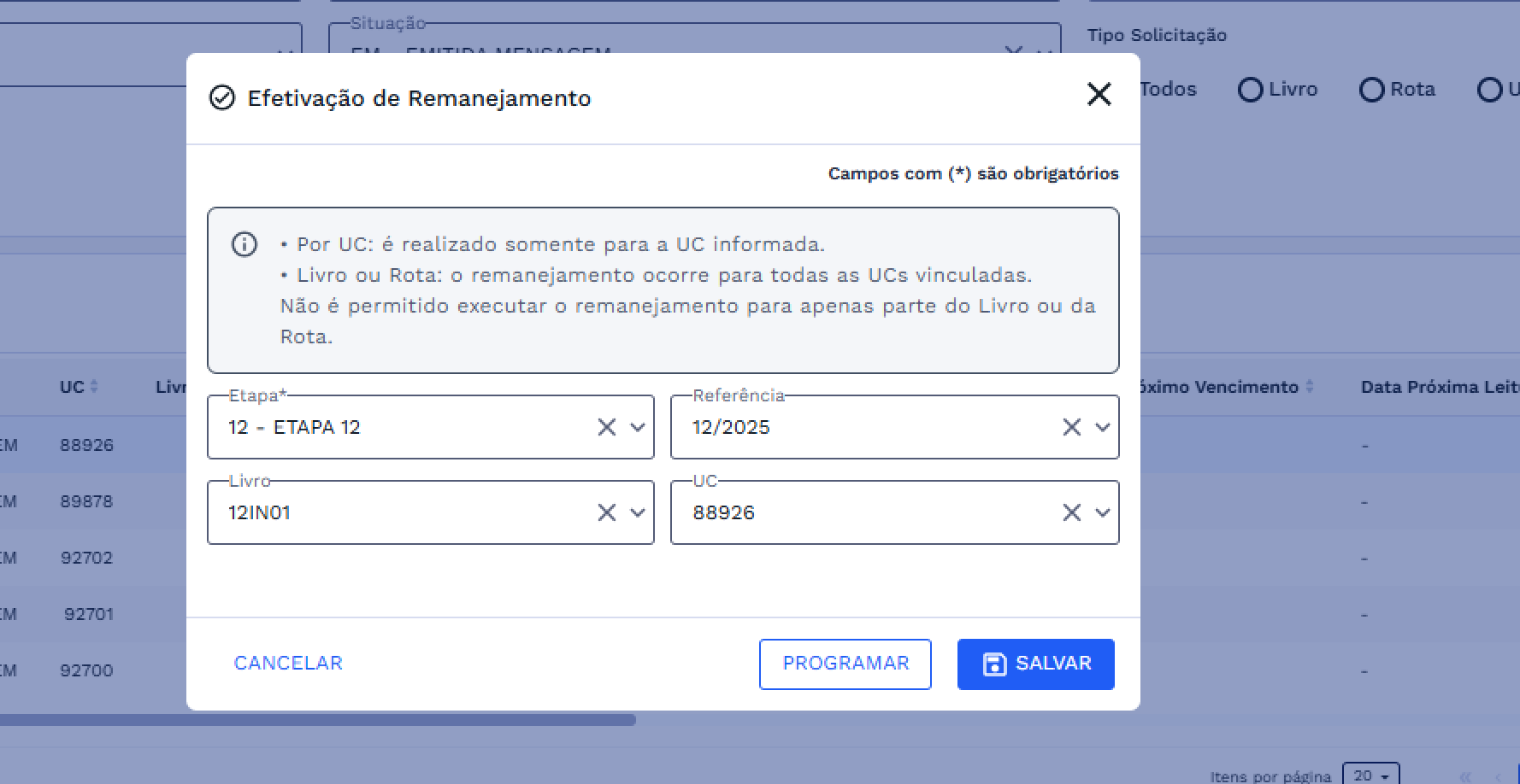 Janela Efetivação de Remanejamento Janela Efetivação de Remanejamento