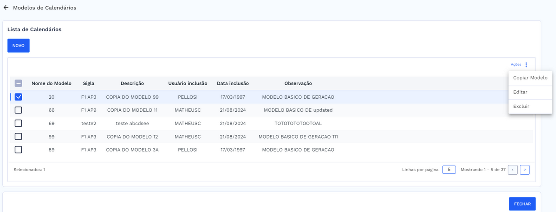 Tela com a lista de modelos de calendários e botão de ações