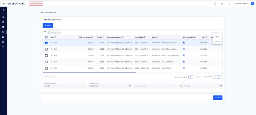 Ações disponíveis para o logradouro