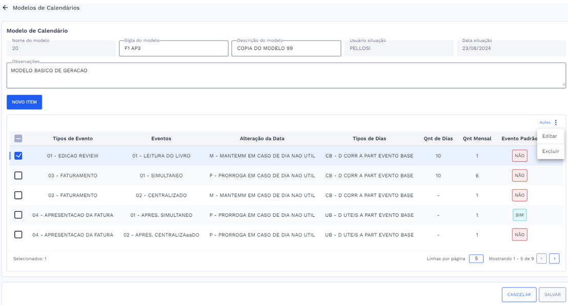 Tela com a lista de modelos de calendários e botão de ações