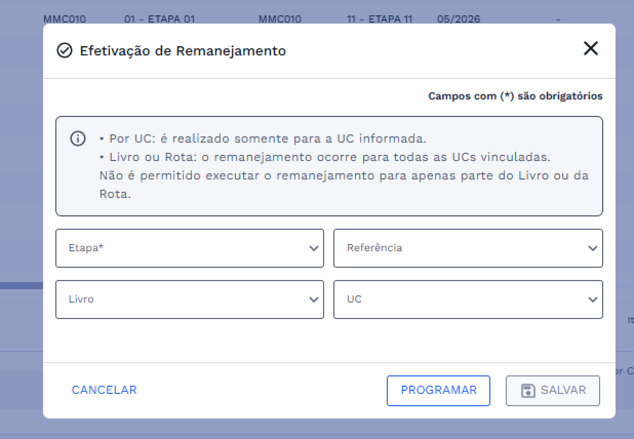 Janela Efetivação de Remanejamento - Modo de inclusão Janela Efetivação de Remanejamento - Modo de inclusão