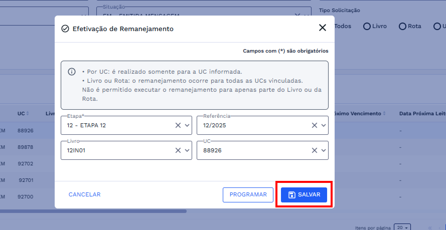 Efetivação - Campos preenchidos Efetivação - Campos preenchidos