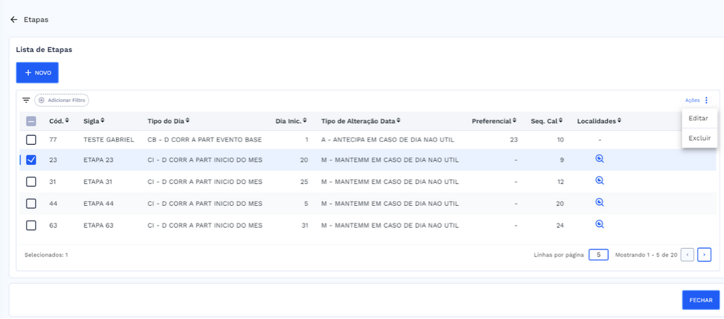 Lista selecionada e botão de ações