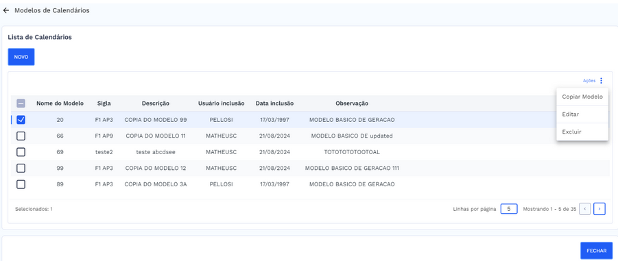 Lista selecionada e botão de ações