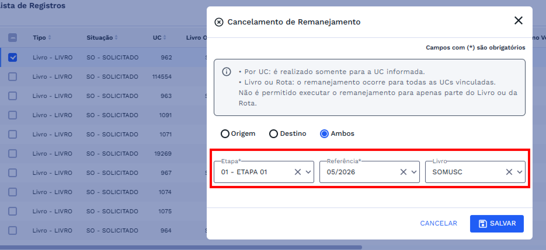 Cancelamento - Tipo Livro ou Rota Cancelamento - Tipo Livro ou Rota