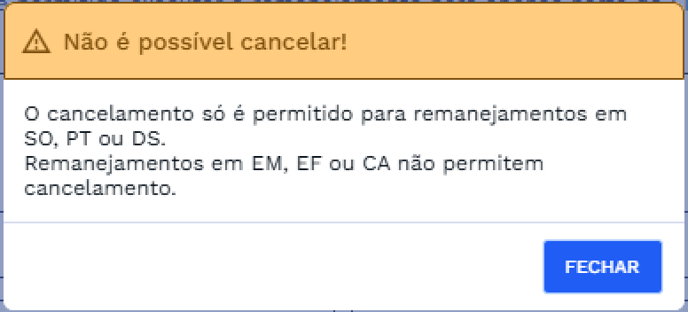 Validação - Situação não permitida para cancelamento Validação - Situação não permitida para cancelamento