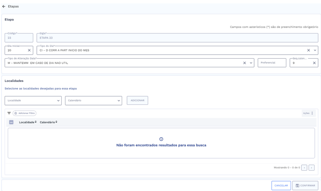 Tela da etapa selecionado