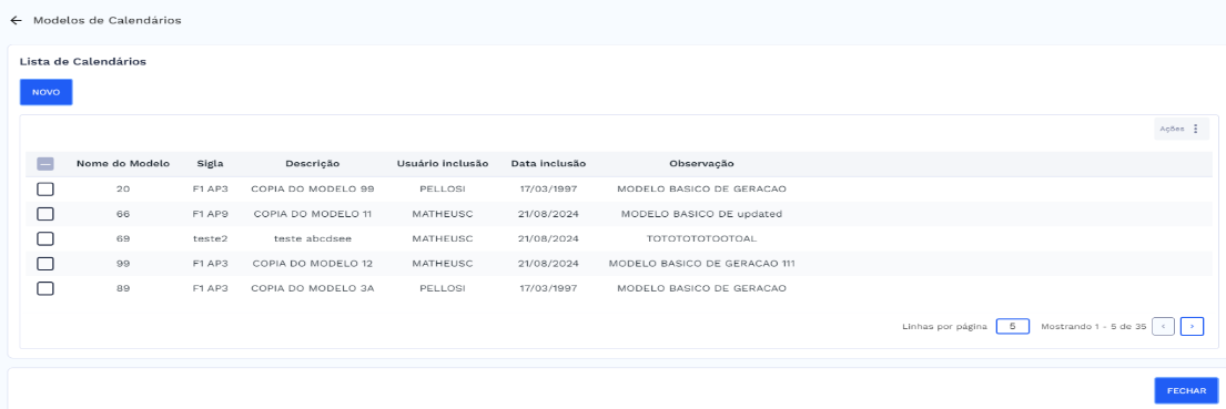Tela do modelo de calendário selecionado
