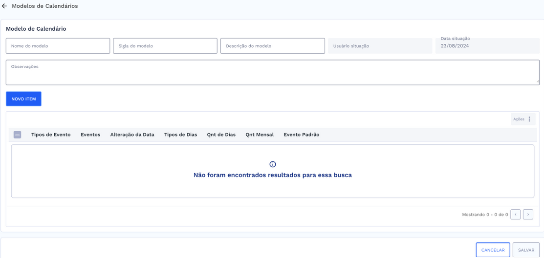 Tela de cadastro de modelo de calendário