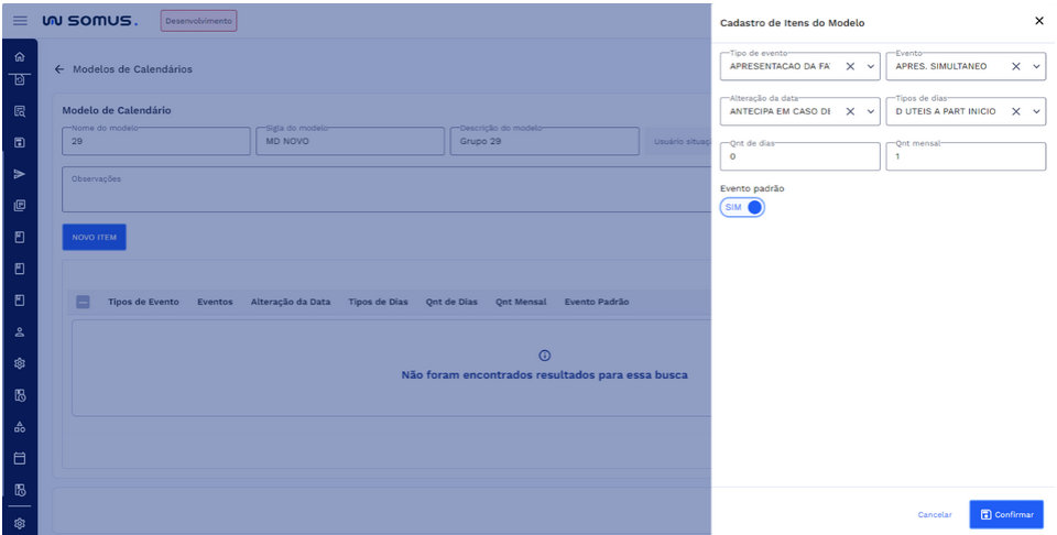 Tela do cadastro de itens do modelo com os campos preenchidos