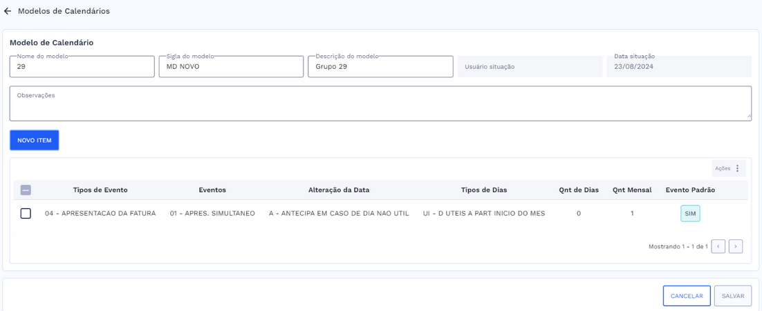 Estrutura com os campos e item do novo modelo de calendário preenchidos